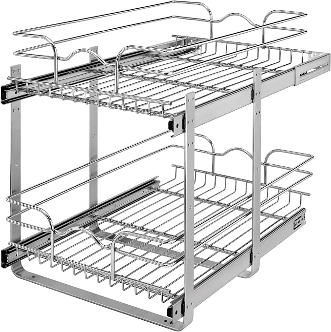 Rev-A-Shelf Pullout Organizer for Cabinets, Min Opening Width of 15" | Two-Tier Steel Shelf for Kitchen or Vanity Cabinet Organization, Heavy Gauge Wire Slide Out Storage Basket, 5WB2-1522CR-1