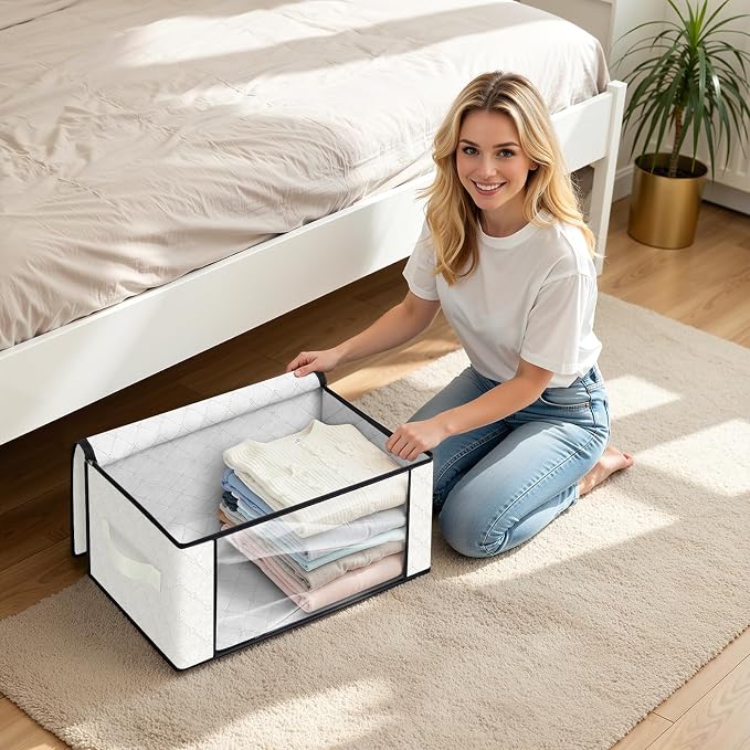 Fab totes 35L Closet Organizers and Storage, Foldable Under Bed Storage Containers, Storage bags for Organizing Bedroom, Closet, Clothing,Organization with Handle (4 Pack,Ivory)