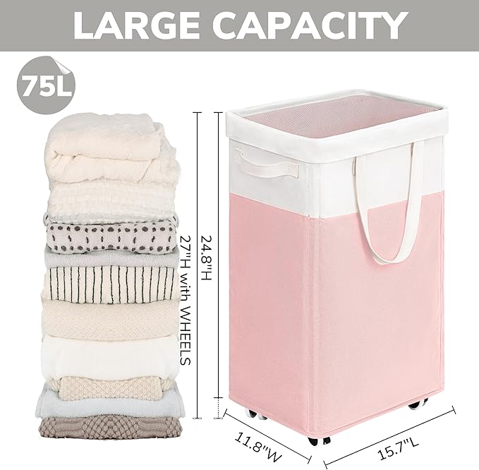 Goodpick 2-Pack Laundry Hamper with Wheels, Dorm Essentials for Girls,75L | Laundry Hamper with Wheels, Collapsible Laundry Basket, Rolling Laundry Hamper with Handle for College Dorm, Pink & White