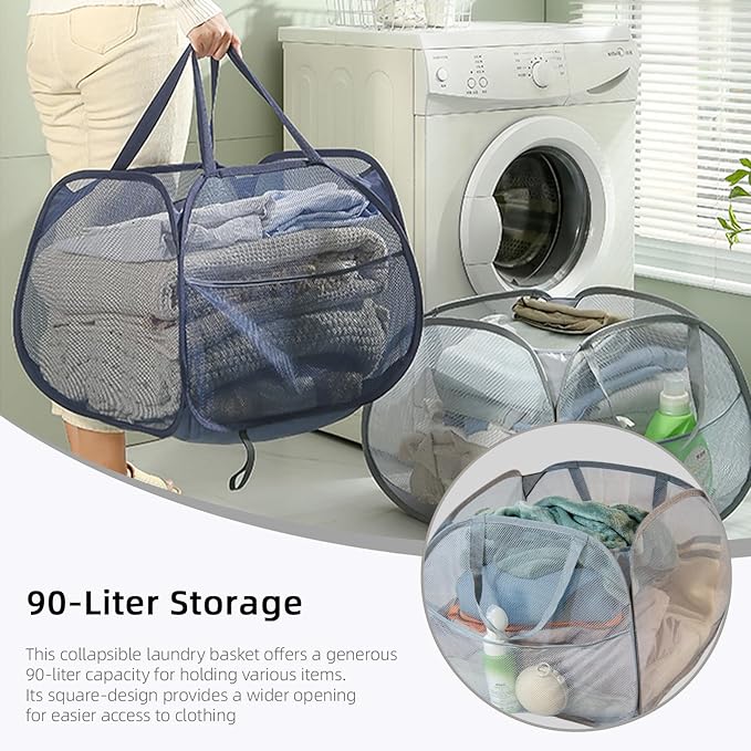 Collapsible Laundry Basket 90L, Mesh Pop-up Hamper, Gray 2PCS | Foldable Laundry Basket, Side Storage Pocket, Handles, Dirty Clothes Hamper for Bedroom, Bathroom, Dorm, Travel, Camping