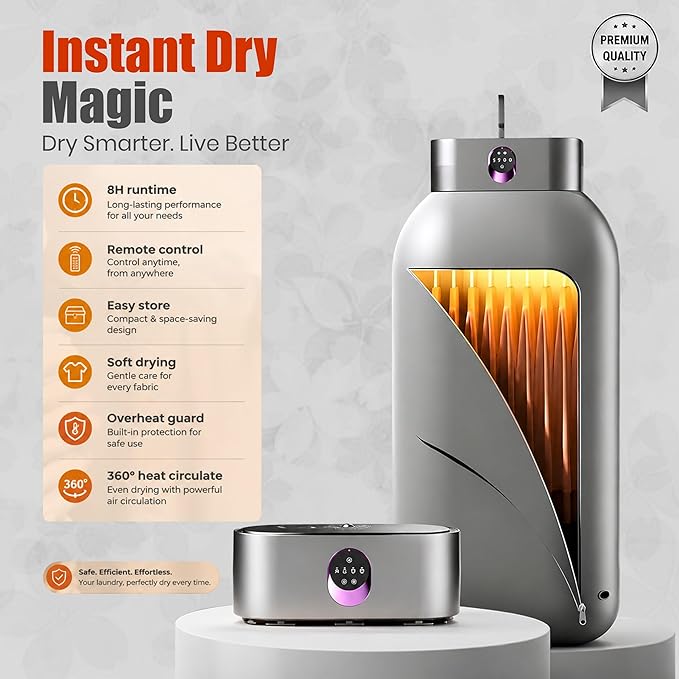 Portable Clothes Dryer for Upto 12 Clothes with Remote Control Compact Form | Compact Dryer for Clothes Apartment, RV, Travel Built-in LED UV, Adjustable 8-Hour Timer with Fast-Drying Stress-Free Setup