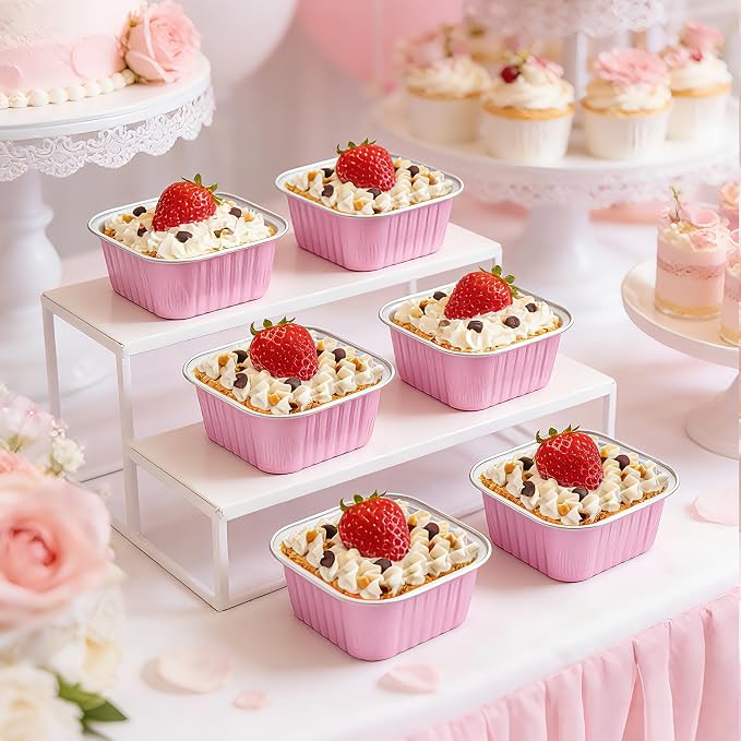 NPLUX 50 Pcs Mini Cake Pans with Lids and Spoons Aluminum Foil Mini Square Baking Cups with Lids Disposable Ramekins Cake Pans Dessert Cups for Wedding, Graduation Gifts Party Favors(Pink,5oz)
