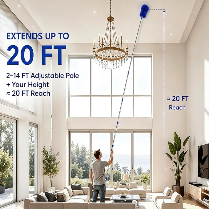 Cobweb Duster with 2-14 ft Extension Pole, Spider Web Brush, Microfiber Feather Long Handle Duster for High Ceilings, Fan, Furniture, Home