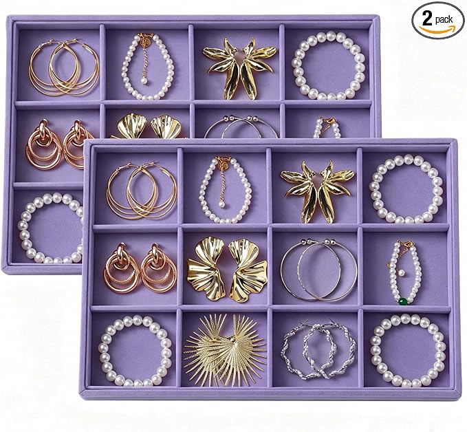 Large Velvet Jewelry Tray 2 Pack Stackable Jewelry Display Drawer Inserts Trays Organizer for Earring Bracelet Necklace Ring (Purple, 12 Grids)