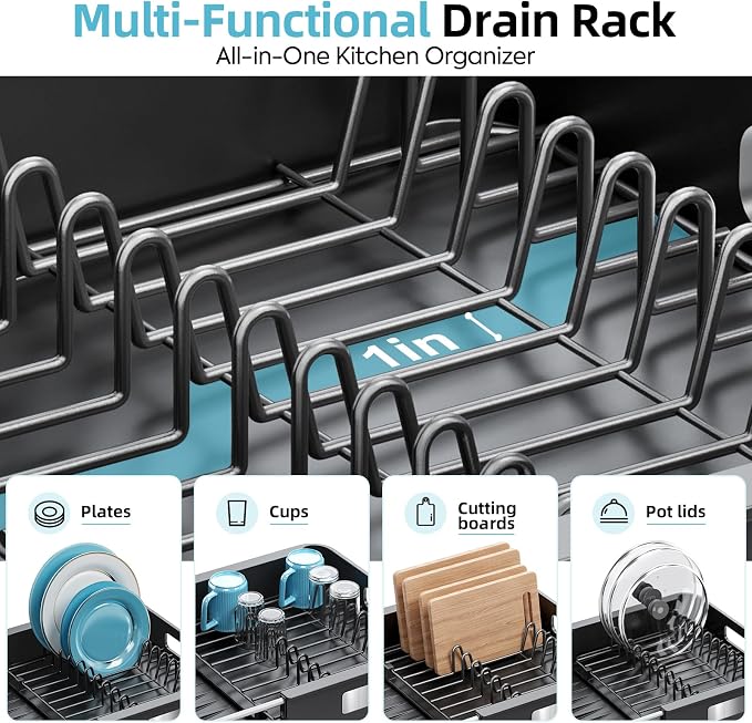TOOLF Expandable Dish Drying Rack for Kitchen Counter,Black | Extendable 12.8in to 20.35in,Stainless Steel & PP,One-Minute Quick Assembly,Cutlery Holder,Portable Carry Handle,Space-Saving