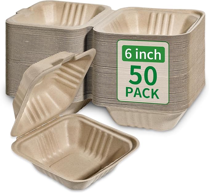 Aricsen Compostable 50 Pack 6x6 Inch Disposable Square Small Lunch Box Takeout Containers with Lid To Go Take Out Clamshell for Food, Eco-Friendly Biodegradable Bagasse, PFAS-Free, Unbleached Brown