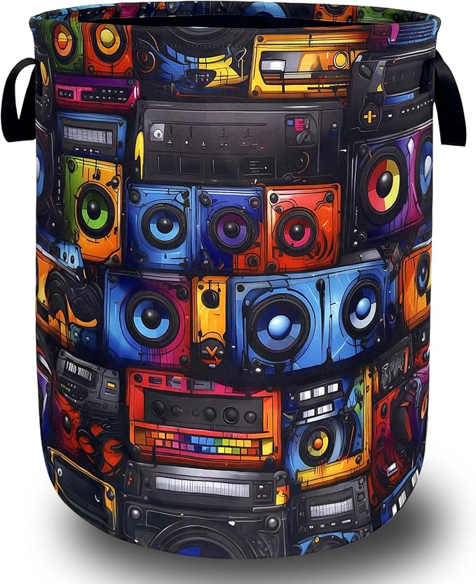 Retro Radio Tape Laundry Basket Oxford Cloth Colorful Music Laundry Hamper With Handle Foldable Portable Clothes Storage Basket Funny Laundry Bag 18.9"x16.5" For Laundry Room/Bedroom/Bathrooms