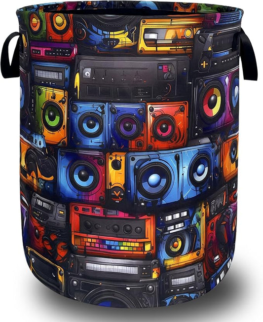 Retro Radio Tape Laundry Basket Oxford Cloth Colorful Music Laundry Hamper With Handle Foldable Portable Clothes Storage Basket Funny Laundry Bag 18.9"x16.5" For Laundry Room/Bedroom/Bathrooms
