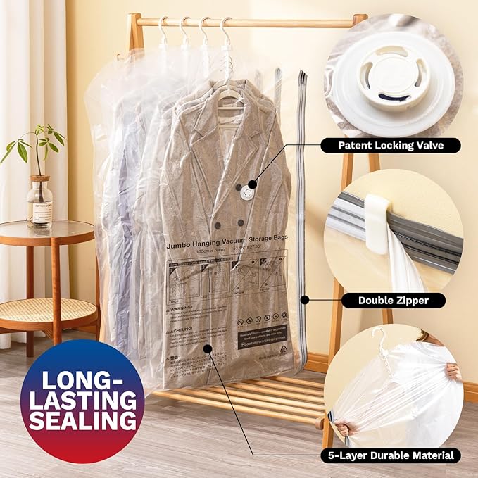 Hanging Vacuum Storage Bags For Clothes with Electric Pump, 6 Pack Large Hanging Space Saver Bags, Vacuum Sealed for Clothing Travel Suits Dress Jackets for Moving Supplies(3 Long, 3 Short)