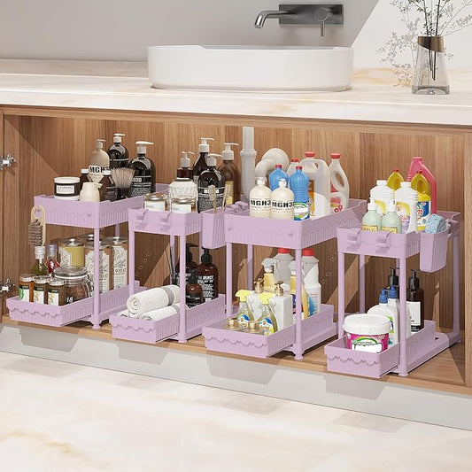 Sevenblue Under Sink Organizer, Bathroom Organizers and Storage, 2 Tier Multi-Use Pull Out Cabinet Organizer with Hang Hooks and Cups (Pink, 14.8 Inch)