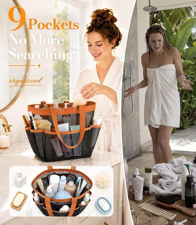 Mesh Shower Caddy Portable for College Dorm Room Essentials for girls, Large 9-Pocket Shower Basket, Quick-Draining Mesh Shower Tote Bag for Gym, Pool, Beach & Travel