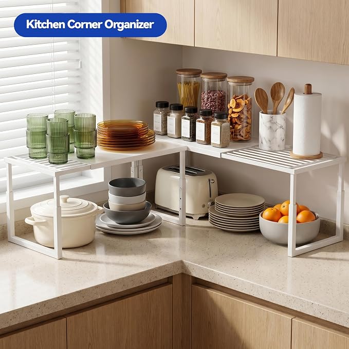 2 Packs Expandable Cabinet Shelf Organizer, Stackable Kitchen Countertop Storage Shelves, Heavy Duty Adjustable Pantry Organizer Rack for Cabinet, Cupboard, Under Sink & Spice Storage
