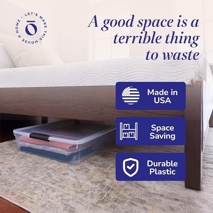 HOMZ 2-Pack Under Bed Storage Containers with Wheels - Home Organization Clear Plastic Storage Bins with Lids and Secure Latches - Durable, Stackable & Low-Profile, 60 Quart | Stackable Underbed Container Set for Shoes, Bags, Clothes, and Towel Organiz...
