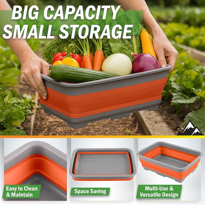 Set of 2 Multipurpose Wash Bins – 7.27-Liter Basins for Travel or Cleaning – Collapsible Bucket Camping Accessories by Wakeman (Orange)
