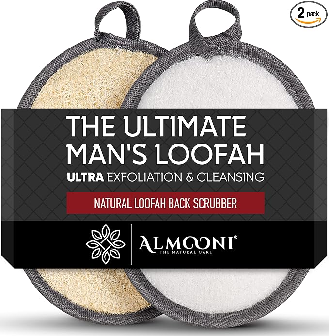 Almooni Natural Exfoliating Loofah for Men, Lightly Abrasive Egyptian Loofah Body Scrubber for Men, Dual-Sided with Cotton Back, Hand Strap, Gray, 2-Count