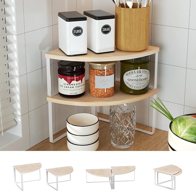 Golener Kitchen Corner Shelf, Corner Spice Rack, Counter Shelf, Stackable | Kitchen Counter Organizer, Plate Organizer for Cabinet, 2-Tier Corner Countertop Shelf, Corner Desk Shelf, Natural Beige