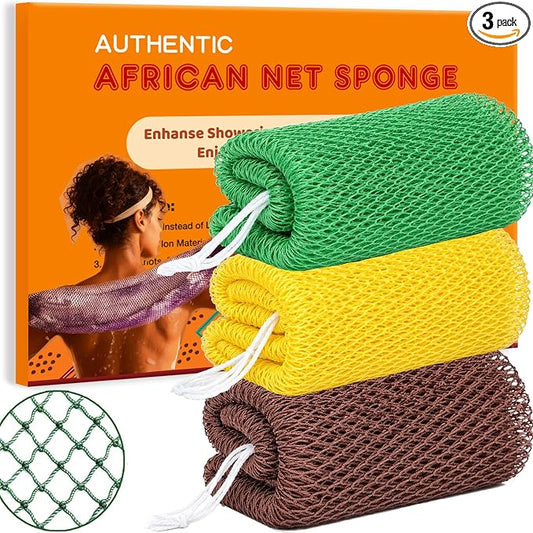 African Net Sponge Authentic Exfoliating Washcloth Body Back Scrubber 3 Pcs | 46 Inch Shower Loofah Exfoliating Bath Sponge for Women and Men Daily Use Body Care Travel Portable Accessories Spa Gifts