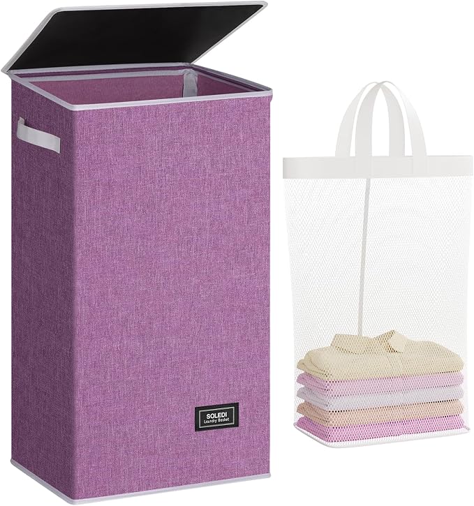 SOLEDI Laundry Hamper with Lid 100L Large & Tall Collapsible Laundry Basket, Clothes Hamper with Bag Removable Easy to Carry, Dirty Hampers for Bedroom, Bathroom, Dorm, College, Purple