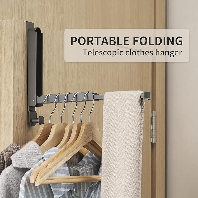 RFOUO Over The Door Hooks Hanger, Fits Door up to 1 3/4",Space Grey, 1 Pack | Aluminum, Retractable Rod, Space-Saving, Foldable Over The Door Drying Rack,No drilling, For Laundry Bathroom Bedroom Travel