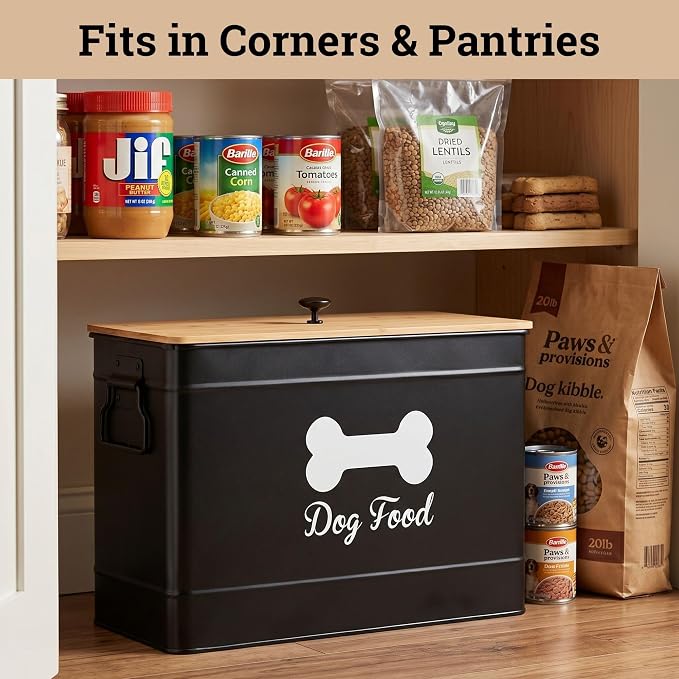 Dog Food Container Airtight Bamboo Lid 15-20 lb Sturdy Metal Handle 70 Cups | Pet Jar For Dogs up to 100lbs, Airtight Bamboo Lid, Sturdy Comfortable Metal Handle, Powder Coated Iron, Kibble Storage Bin