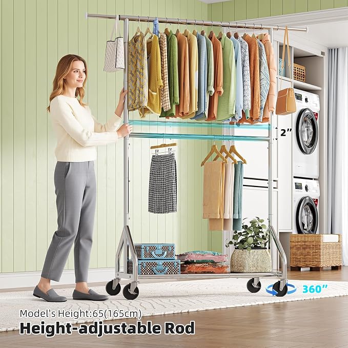 Simple Trending Heavy Duty Clothes Rack, Double Rod Clothing Rack with Wheels & Shelf, Rolling Garment Rack for Hanging Clothes, Adjustable Freestanding Wardrobe Closet for Bedroom, Laundry, Chrome