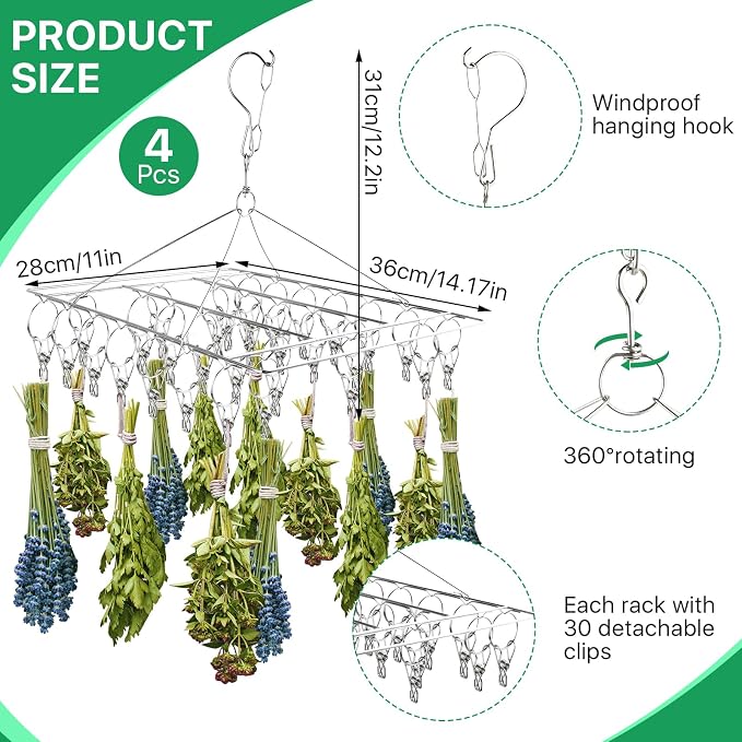 Herb Drying Rack for Drying Spices, Rustproof Dryer with 30 Hooks | 4 Pack, No Assembly Required, 360° Swivel Air Circulation, Space Saving Foldable, for Herbs Flowers Tea Balcony Outdoor Use