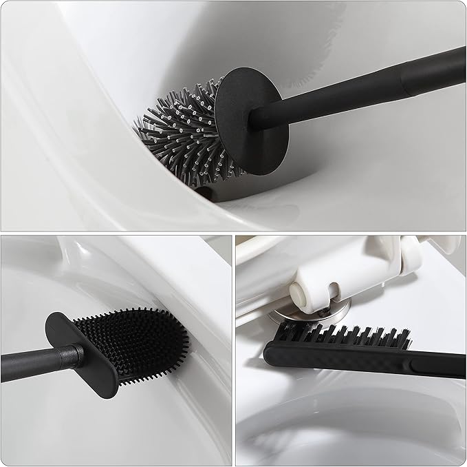 Toilet Brush and Holder Set for Bathroom,Flexible Toilet Bowl Brush with Silicone Bristles,Ventilation Slots Base (Matte Black)