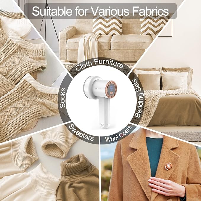 HOMEASY Fabric Shaver, Rechargeable Lint Remover for Clothes White | Electric sweater shaver and depiller with 70mm head, 6-leaf blades, LED battery display and Type-C charging for Furniture