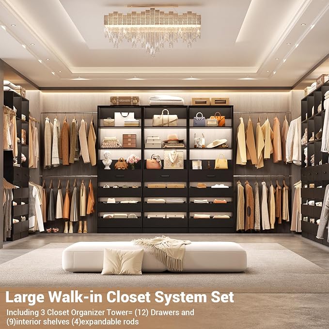 Aheaplus Closet System with 12 Drawers, 8.5-11.5Ft Wood Closet Organizer System with 4 Hanging Rods & 3 Towers, 4Ft & 6Ft L-Shaped Walk-in Closets Wardrobe Organizer Clothes Rack, Set of 3, Black1