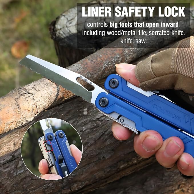 WORKPRO 18-in-1 Multi Tool Pliers Pocket Knife, 2 Safety Locks, EDC, Blue | Gifts for Men Dad Women Wife, Stainless Steel Multitool, Belt Clip and Oxford Pouch, Utility Tool for Camping