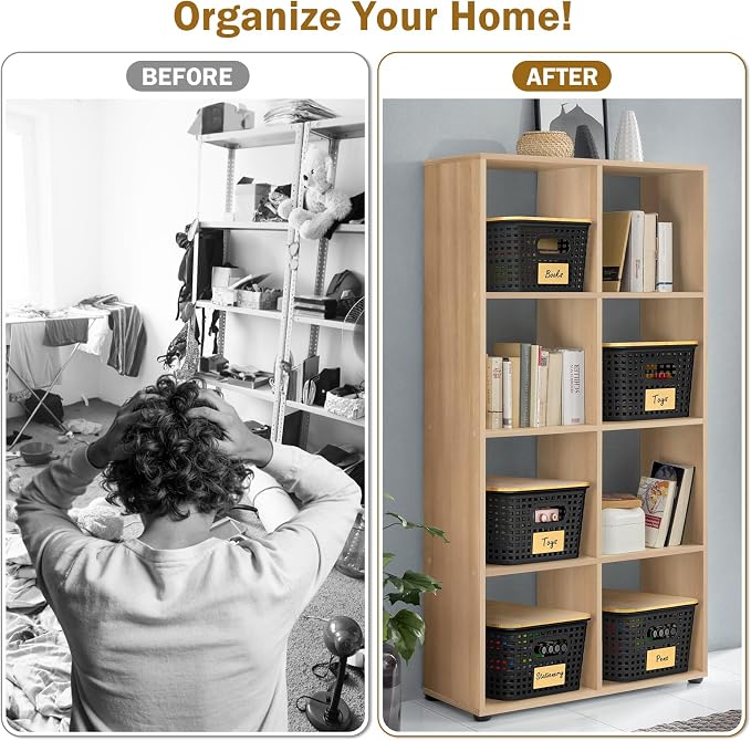 Stackable Storage Basket: Plastic Baskets Bins, Baskets for Organizing, Pantry Decorative Containers for Closets, Cabinets, Shelves(8 Pack, Black)