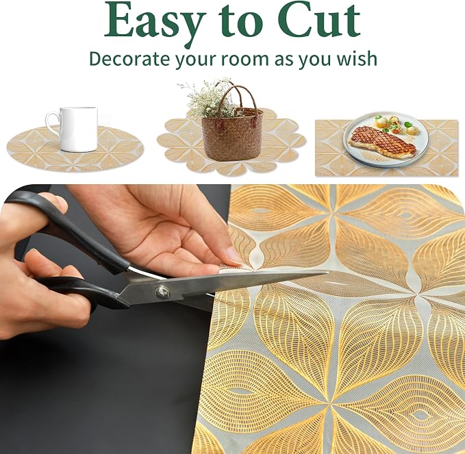 3D Drawer and Shelf Liner for Kitchen Cabinet: 17 in X 20 Ft Waterproof | Shelf Paper Non Adhesive Refrigerator Liners Golden Leaf Easy Liners for Bathroom with Knife Tape Measure
