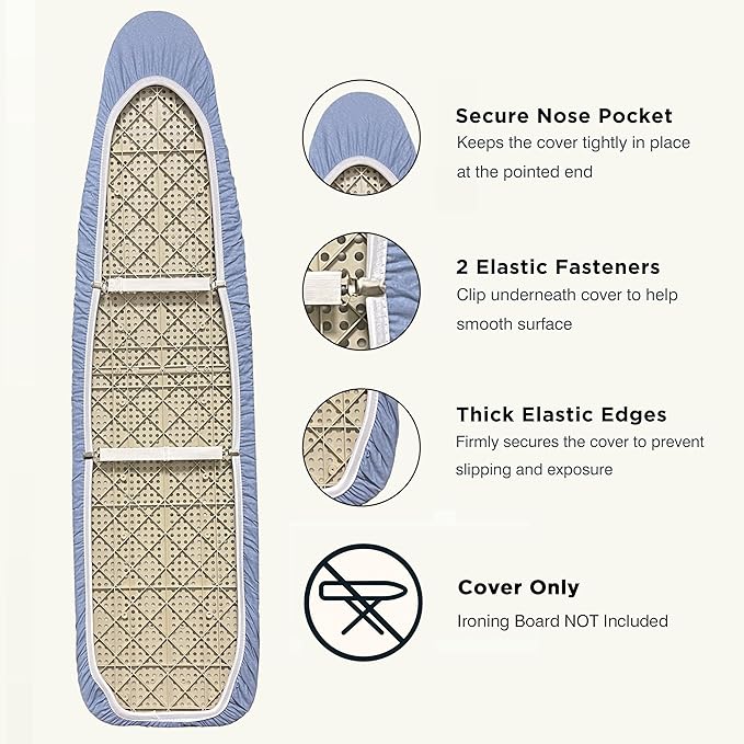 UniSimp Ironing Board Cover and Pad 15"x54" Extra Thick Natural Cotton, Scorch and Stain Resistant Padding, Standard Size Iron Board Cover with Fasteners Heavy Duty Elastic Edge, Heatproof Blue