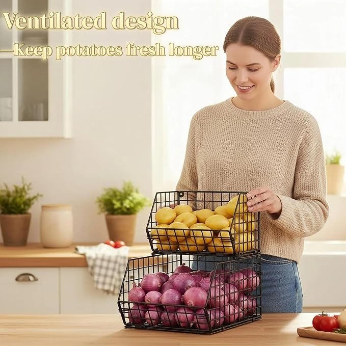 2-Tier Potato and Onion Storage Bin, Stackable Wire Baskets for Countertop | Large Fruit and Vegetable Storage, Wall-Mount Kitchen Pantry Organizer with Ventilated Mesh to Keep Produce Fresh for Cabinet