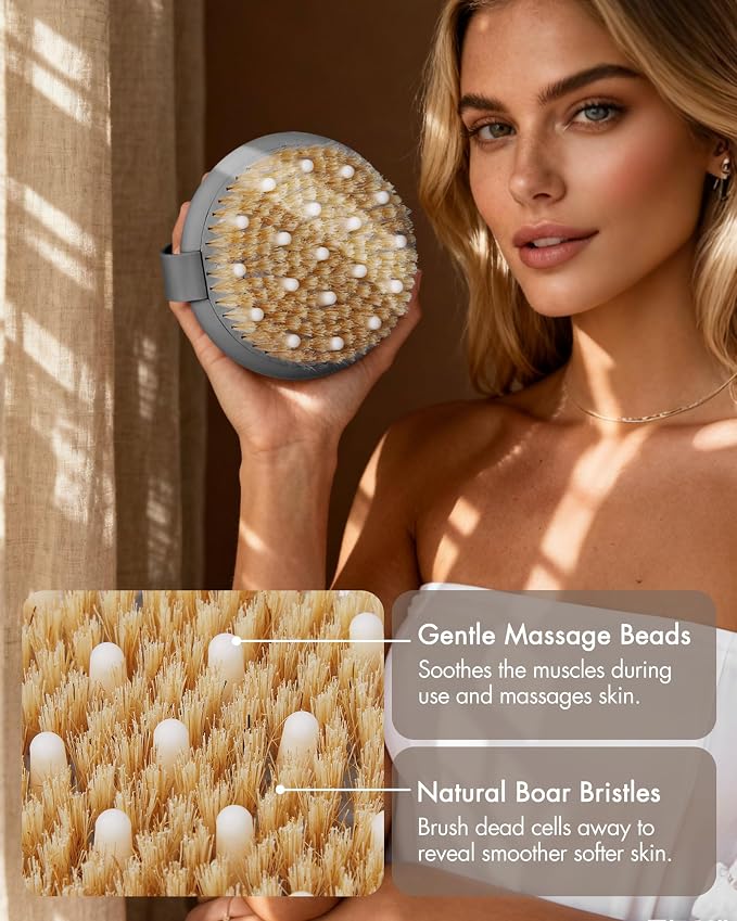 Dry Brushing Body Brush for Massage - Natural Boar Bristle Exfoliating Brush with Massage Nodes for Lymphatic Drainage, Cellulite, Blood Circulation Improving Skin Health for Women Men Elderly(Grey)
