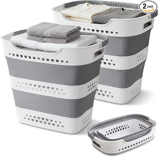 2 Pcs 42L Collapsible Laundry Baskets- Foldable Laundry Basket with Handles, Sturdy Plastic Pop Up Laundry Hamper, Space Saving Storage Container for Wet/Dry Use, Ideal for Home, Dorm, Apartment Grey