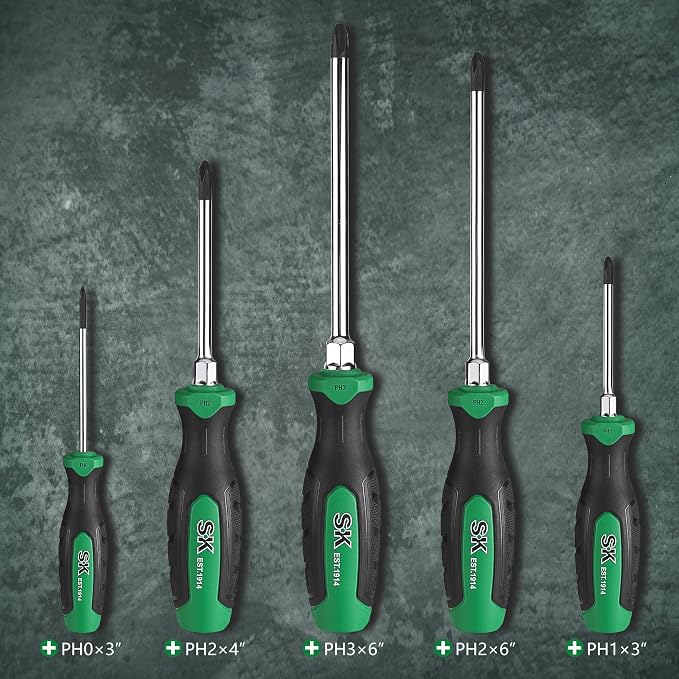 SK 5-Piece Phillips Screwdriver Set, Magnetic Screwdriver Set, S2 Steel | Heat-Treated Chrome Plating Shaft, Black Oxide Tip, SureGrip Handle