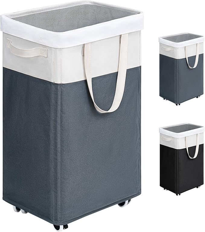 Goodpick 75L Rolling Laundry Basket with Wash Bag, Laundry Hamper for Dorm | Clothes Hamper with Removable Wash Bag for Laundry Room, Large Rolling Laundry Basket with Handles, Grey & White