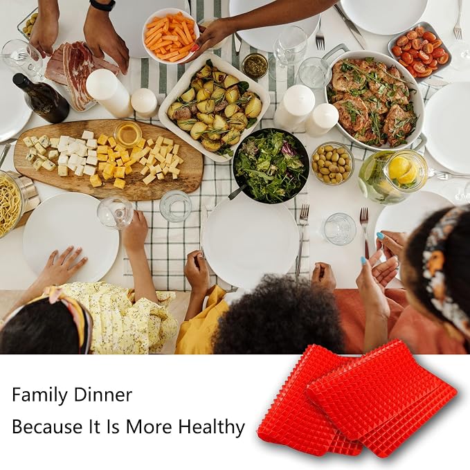 Silicone Baking Mat Pyramid Sheets Cooking Pan 16"x11" 2 Pack-Red，Best Healthy Fat Reducing Nonstick Cooking Mat for Baking Mat with Grid for Oven Grilling BBQ, Baking and Roasting