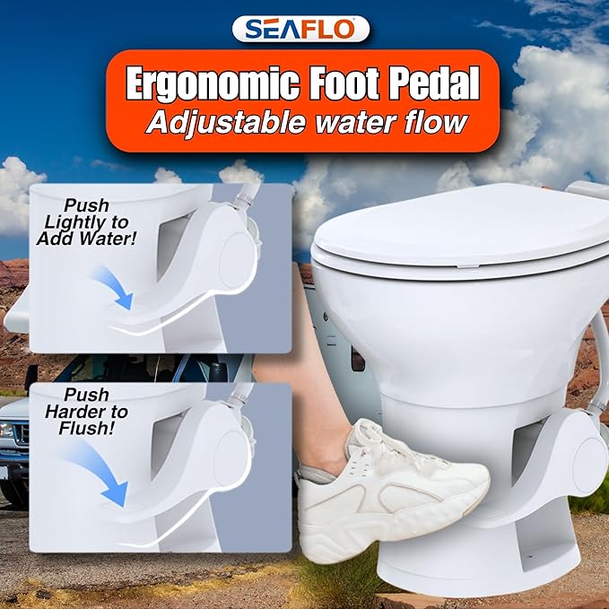 SEAFLO Porcelain RV Toilet with Sprayer Attachment - Elongated Bowl 19” Inch Residential Height, Gravity Flush, Foot Pedal Soft Close Seat Camper Motorhome Easy Install 4 -year Warranty SFRTCH-02-02