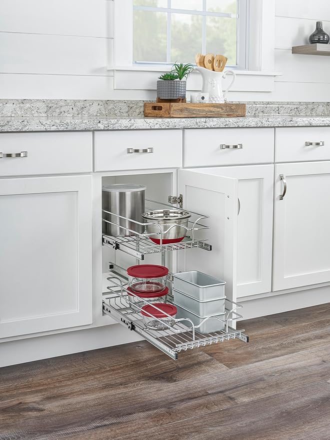 Rev-A-Shelf Pullout Organizer for Cabinets, Min Opening Width of 11.5" | Two-Tier Steel Shelf for Kitchen or Vanity Cabinet Organization, Heavy Gauge Wire Slide Out Storage Basket, 5WB2-1222CR-1