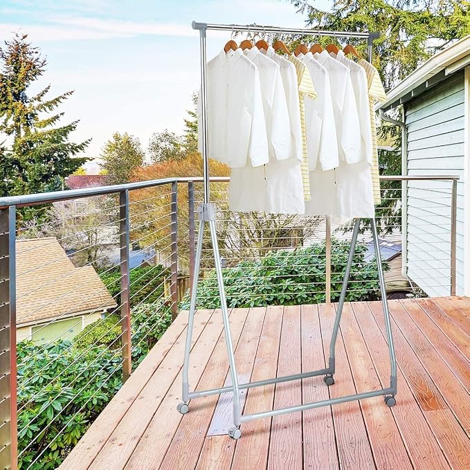 Moccha Extendable Garment Rack Clothes Rail, Heavy Duty Foldable Clothes Laundry Drying Rack with Adjustable Hanging Rod Rolling Casters, Movable Clothes Hanger for Home Office Store Market