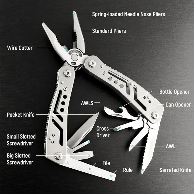 Leopcito 14-In-1 EDC Multitool Pliers, Stainless Steel Multi Pliers, Pocket Knife, Bottle Opener, Screwdriver with Pouch for Survival and Camping
