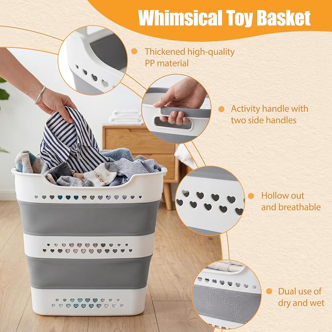 2 Pcs 42L Collapsible Laundry Baskets- Foldable Laundry Basket with Handles, Sturdy Plastic Pop Up Laundry Hamper, Space Saving Storage Container for Wet/Dry Use, Ideal for Home, Dorm, Apartment Grey