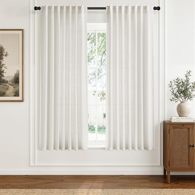 Hokibero Natural Linen Curtains 63 Inches Long for Living Room 2 Panels | Light Filtering Semi Sheer Curtain, Back Tab Rod Pocket Pleated Look, Ivory Privacy Drapes for Bedroom Window, Boho Farmhouse