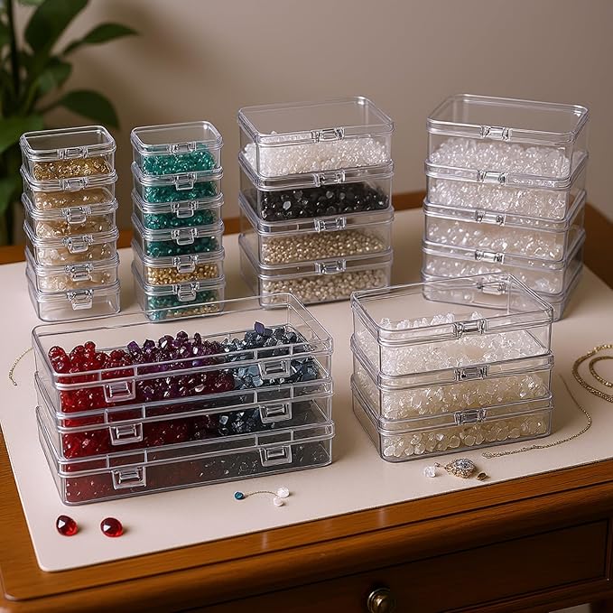 24 Pieces Mixed Sizes Rectangular Empty Mini Clear Plastic Organizer Box | Hinged Lids, For Small Items, Craft Projects