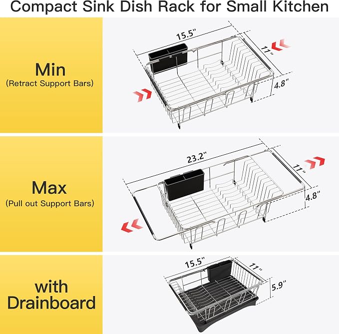 JASIWAY Sink Dish Drying Rack with Drainboard, Expandable Stainless Steel Dish Drainers for Kitchen Counter, Space Saving Dish Dryer Rack, Over The Sink Dish Racks with Utensil Holder, Silver