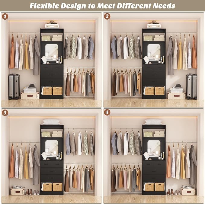 Unikito 96” W Closet Systems, Adjustable 8FT Walk in Closet Organizer Starter Kit with 25” Tower and 3 Hanging Rods, Sturdy Garment Rack with 4 Drawers and Mirror, Black