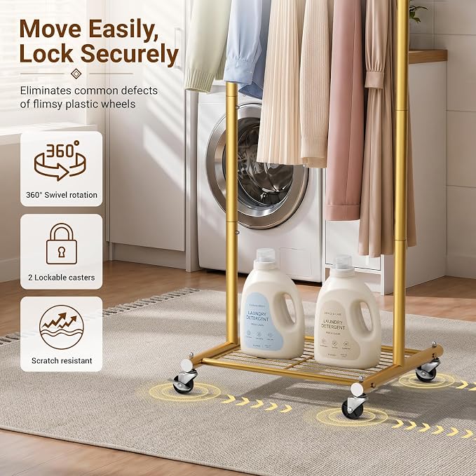 MISSLO 18" Small Clothes Racks for Hanging Clothes Arched Shape Gold Clothing Rack with Wheels 70" Metal Rolling Garment Rack with Shelves for Small Space, Bedroom, Laundry, Gold