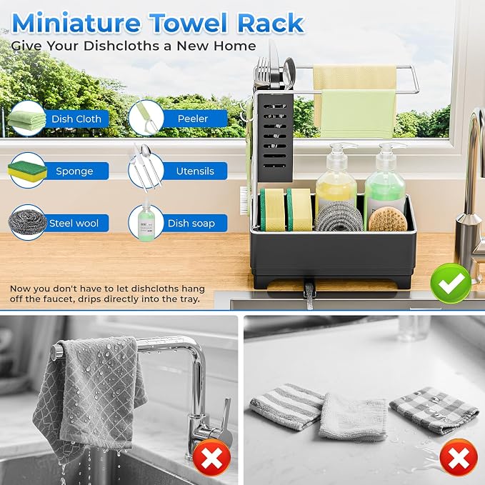Stainless Steel Sink Caddy, Sponge Holder for Kitchen Sink with Brush Holder and Towel Rack, Sink Organizer for Countertop, Soap Dispenser Kitchen Organizers Storage Essentials(Black)